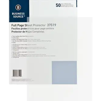 Business Source Full Sheet Top Load Poly Sheet Protectors - 3.1 mil Thickness - For Letter 8 1/2" x 11" Sheet - Rectangular - Clear - Polypropylene - 50 / Box