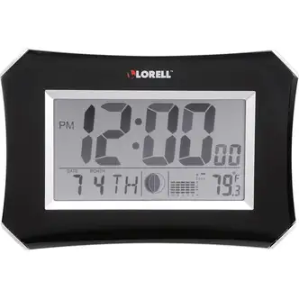 Lorell LCD Wall/Alarm Clock - Digital - Quartz - LCD - Black Main Dial - Silver/Plastic Case