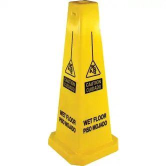 Genuine Joe Bright 4-sided Caution Safety Cone - 1 Each - English, Spanish - 10" Width x 24" Height x 10" Depth - Cone Shape - Stackable - Industrial - Polypropylene - Yellow
