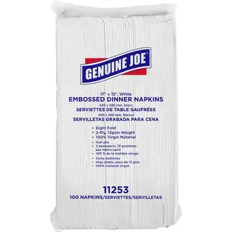 Genuine Joe Embossed Dinner Napkins - 2 Ply - 1/8 Fold - 17" x 15" - White - 100 Per Pack - 30 / Carton