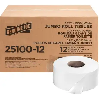 Genuine Joe Jumbo Roll Bath Tissues - 2 Ply - 3.25" x 1000 ft - 9" Roll Diameter - 3.30" Core - White - 12 / Carton