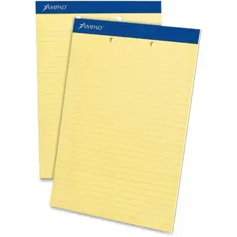 Ampad Writing Pad - 50 Sheets - Stapled - 0.34" Ruled - 15 lb Basis Weight - Letter - 8 1/2" x 11"8.5" x 11.8" - Canary Yellow Paper - Dark Blue Binding - Micro Perforated, Sturdy Back, Chipboard Backing, Tear Resistant - 1 Dozen