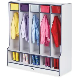 Jonti-Craft Rainbow Accents Step 5 Section Locker - 5 Compartment(s) - 50.5" Height x 48" Width x 17.5" Depth - Double Hook, Durable - Navy - 1 Each