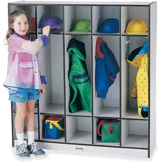 Jonti-Craft Rainbow Accents 5-section Coat Locker - 5 Compartment(s) - 50.5" Height x 48" Width x 15" Depth - Double Hook, Durable, Laminated, Rounded Corner - Black - 1 Each