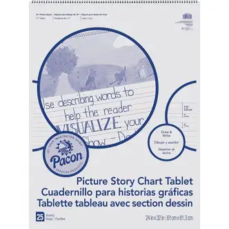 Pacon Ruled Picture Story Chart Tablet - 25 Sheets - Spiral Bound - Both Side Ruling Surface - Ruled - 1.50" Ruled - 13.63" Picture Story Space - 24" x 32" - White Paper - Punched - 1 Each