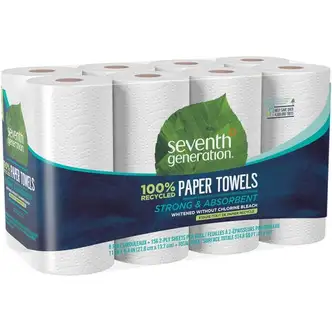 Seventh Generation 100% Recycled Paper Towels - 2 Ply - 156 Sheets/Roll - White - Paper - 8 / Pack