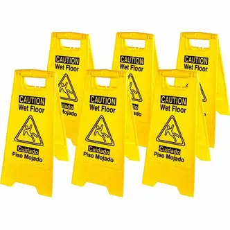 Genuine Joe Universal Graphic Wet Floor Sign - 6 / Carton - English, Spanish - Wet Floor Print/Message - Foldable - Yellow