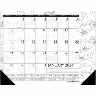 House of Doolittle Doodle Monthly Desk Pad - Julian Dates - Monthly - 12 Month - January 2024 - December 2024 - 1 Month Single Page Layout - Desk Pad - Black/White - Paper - 13" Height x 18.5" Width - Notes Area, Reference Calendar - 1 Each
