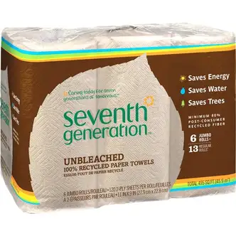 Seventh Generation 100% Recycled Paper Towels - 2 Ply - 11" x 9" - 120 Sheets/Roll - Natural - Paper - 6 Per Pack - 4 / Carton