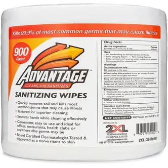 2XL Advantage Sanitizing Wipes - 6" x 8" - White - 900 Per Bucket - 1 / Roll