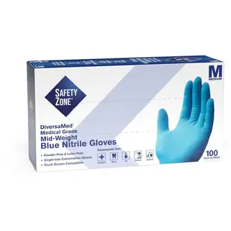 Safety Zone Powder Free Blue Nitrile Gloves - Medium Size - Blue - Allergen-free, Latex-free, Silicone-free, Textured, Comfortable - For Cleaning, Dishwashing, Food, Janitorial Use, Painting, Pet Care, Medical