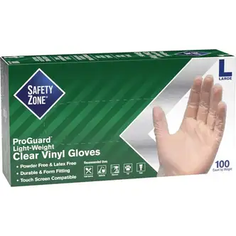 Safety Zone Powder Free Clear Vinyl Gloves - Large Size - Clear - Latex-free, DEHP-free, DINP-free, PFAS-free, Comfortable, Silicone-free - For Janitorial Use, Cosmetics, Painting, Cleaning, General Purpose, Pet Care - 100 / Box - 9.25" Glove Length