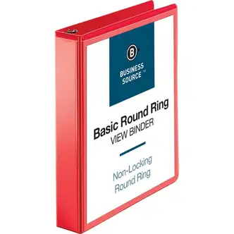 Business Source Round Ring Binder - 1 1/2" Binder Capacity - Round Ring Fastener(s) - 2 Internal Pocket(s) - Red - Clear Overlay, Labeling Area - 1 Each