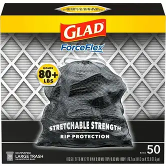 Glad ForceFlexPlus Drawstring Large Trash Bags - Large Size - 30 gal Capacity - 30" Width x 32.01" Length - 0.90 mil (23 Micron) Thickness - Drawstring Closure - Black - 1Box - 50 Per Box - Garbage, Indoor, Outdoor, Home, Office, Restaurant, Commercial
