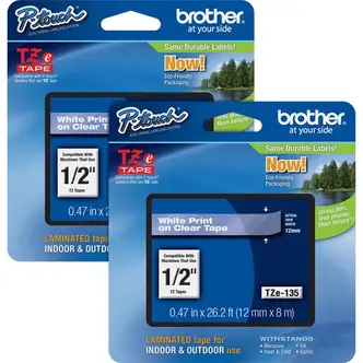 Brother P-touch TZe Laminated Tape Cartridges - 1/2" Width - White, Clear - 2 / Bundle - Water Resistant - Grease Resistant, Grime Resistant, Temperature Resistant