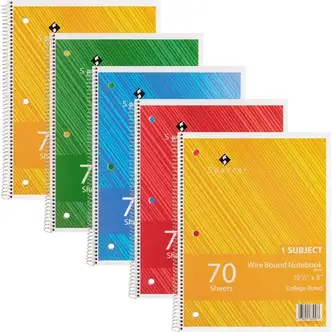 Sparco Wirebound Notebooks - 70 Sheets - Wire Bound - College Ruled - Unruled Margin - 16 lb Basis Weight - 8" x 10 1/2" - AssortedChipboard Cover - Subject, Stiff-cover, Stiff-back, Perforated, Hole-punched - 5 / Bundle