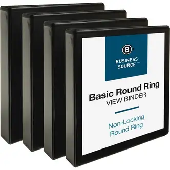 Business Source Round Ring View Binder - 1 1/2" Binder Capacity - Letter - 8 1/2" x 11" Sheet Size - 350 Sheet Capacity - Round Ring Fastener(s) - 2 Internal Pocket(s) - Chipboard, Polypropylene - Black - Wrinkle-free, Gap-free Ring, Clear Overlay, Non Lo