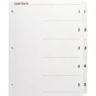 Business Source Table of Content Quick Index Dividers - Printed Tab(s) - Digit - 1-5 - 5 Tab(s)/Set - 8.5" Divider Width x 11" Divider Length - 3 Hole Punched - White Divider - White Mylar Tab(s) - 5 / Set