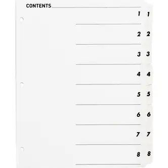 Business Source Table of Content Quick Index Dividers - Printed Tab(s) - Digit - 1-8 - 8 Tab(s)/Set - 8.5" Divider Width x 11" Divider Length - 3 Hole Punched - White Divider - White Mylar Tab(s) - 8 / Set