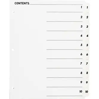 Business Source Table of Content Quick Index Dividers - Printed Tab(s) - Digit - 1-10 - 10 Tab(s)/Set - 8.5" Divider Width x 11" Divider Length - 3 Hole Punched - White Divider - White Mylar Tab(s) - 10 / Set