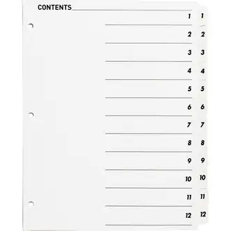 Business Source Table of Content Quick Index Dividers - Printed Tab(s) - Digit - 1-12 - 12 Tab(s)/Set - 8.5" Divider Width x 11" Divider Length - 3 Hole Punched - White Divider - White Mylar Tab(s) - 12 / Set