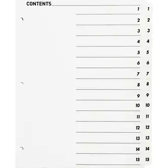 Business Source Table of Content Quick Index Dividers - Printed Tab(s) - Digit - 1-15 - 15 Tab(s)/Set - 8.5" Divider Width x 11" Divider Length - 3 Hole Punched - White Divider - White Mylar Tab(s) - 15 / Set
