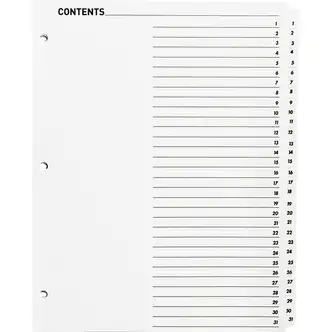 Business Source Table of Content Quick Index Dividers - Printed Tab(s) - Digit - 1-31 - 31 Tab(s)/Set - 8.5" Divider Width x 11" Divider Length - 3 Hole Punched - White Divider - White Mylar Tab(s) - 31 / Set