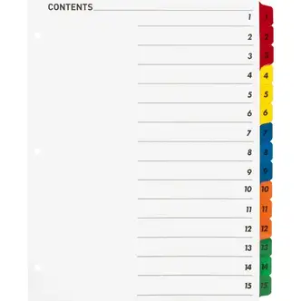 Business Source Table of Content Quick Index Dividers - Printed Tab(s) - Digit - 1-15 - 15 Tab(s)/Set - 8.5" Divider Width x 11" Divider Length - 3 Hole Punched - Multicolor Divider - Multicolor Mylar Tab(s) - 15 / Set