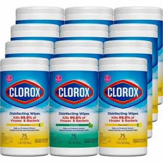 Clorox Disinfecting Bleach Free Cleaning Wipes Value Pack - Ready-To-Use - Fresh, Crisp Lemon Scent - 75 / Canister - 12 / Carton - Easy to Use, Bleach-free - White