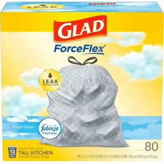 Glad ForceFlex Tall Kitchen Drawstring Trash Bags - Fresh Clean with Febreze Freshness - 13 gal Capacity - 0.78 mil (20 Micron) Thickness - Drawstring Closure - White - 120/Bundle - 80 Per Box - Kitchen, Home, Office, Garbage, Breakroom, Cafeteria, School