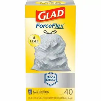 Glad ForceFlex Tall Kitchen Drawstring Trash Bags - OdorShield - 13 gal Capacity - 23.74" Width x 24.88" Length - 0.72 mil (18 Micron) Thickness - Drawstring Closure - Gray - 390/Pallet - 40 Per Box - Garbage, Indoor, Outdoor, Home, Office, Restaurant, Co