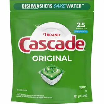 Cascade ActionPacs Original Dish Detergent - For Dishwasher - Fresh Scent - 125 / Carton - No-mess, Easy to Use, Phosphate-free - White, Green