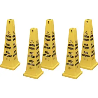 Rubbermaid Commercial 36" Safety Cone - 5 / Carton - Spanish, English - Caution, Wet Floor Print/Message - 12.2" Width x 36" Height x 12.2" Depth - Cone Shape - Stackable, Sturdy - Plastic - Bright Yellow