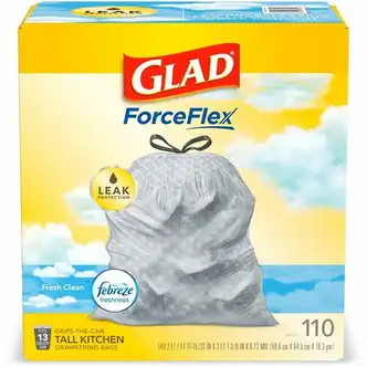 Glad ForceFlex Tall Kitchen Drawstring Trash Bags - Fresh Clean with Febreze Freshness - 13 gal Capacity - 23.75" Width x 25.38" Length - 0.72 mil (18 Micron) Thickness - Drawstring Closure - White - 1/Box - 110 Per Box - Home, Office