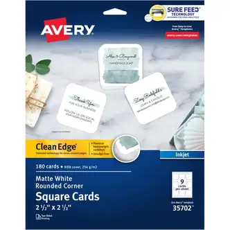 Avery® Clean Edge Square Cards, Rounded Corners, 2.5" x 2.5" (35702) - 110 Brightness - 8 1/2" x 11" - 93 lb Basis Weight - 254 g/m² Grammage - Matte - 180 / Pack - Printable, Rounded Corner, Die-cut, Smooth Edge, Print-to-the-edge, Perforated, A