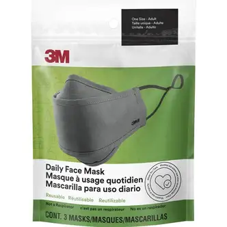3M Daily Face Masks - Recommended for: Face, Indoor, Outdoor, Office, Transportation - Cotton, Fabric - Gray - Lightweight, Breathable, Adjustable, Elastic Loop, Nose Clip, Comfortable, Washable - 3 / Pack