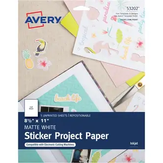 Avery Matte White Sticker Project Paper - Letter - 8 1/2" x 11" - 30 / Carton - Printable, Removable Adhesive, Die-cut, Repositionable, Lignin-free - Matte White
