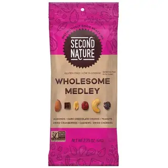 Second Nature Wholesome Medley Trail Mix - Low Sodium, Gluten-free, No Artificial Color, Preservative-free, No Artificial Flavor, Trans Fat Free - Almond, Cashew, Peanut, Cherry, Dried Cranberries, Dark Chocolate, Dried Cherries - 2.25 oz - 1 Box