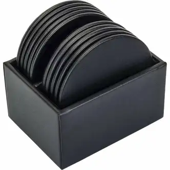Dacasso Leatherette Round Coaster Set - Round - Black - Leatherette - 1Each