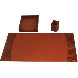 Protacini Cognac Brown Italian Patent Leather 3-Piece Desk Set - Leather, Velveteen - Brown - 1 Each