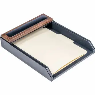 Dacasso Walnut & Leather Letter Tray - 9.25" x 12.25"Desktop - Black - Top Grain Leather, Walnut, Wood, Velveteen - 1 Each