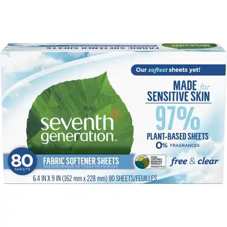 Seventh Generation Free & Clear Fabric Softener Sheets - 9" Length x 6.40" Width - 80 / Box - Bio-based, Hypoallergenic, Fragrance-free, Unscented, Dye-free, Gluten-free, Phosphate-free - White