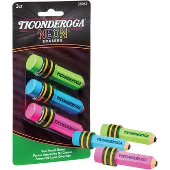 Ticonderoga Pencil-Shaped Erasers - Neon Assorted - Assorted - Pencil - 3 Each - Latex-free, Non-toxic, Smudge-free