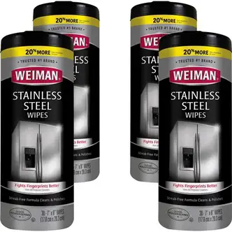 Weiman Stainless Steel Wipes - 30 / Canister - 4 / Carton - Streak-free, Fingerprint Resistant, Dust Resistant, Dirt Resistant, Pre-moistened, Grease Resistant, pH Neutral - White