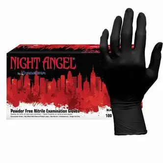 NIGHT ANGEL Nitrile Powder Free Exam Glove - Large Size - For Right/Left Hand - Nitrile - Black - Latex-free, Soft, Flexible, Non-sterile, Textured - For Examination, Tattoo Studio, Cosmetology, Law Enforcement, Correction, Dental, First Responder/Defense