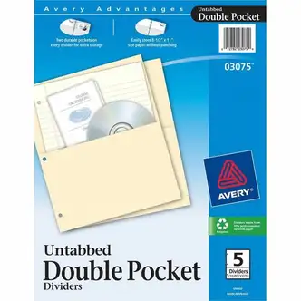 Avery® Untabbed Double Pocket Dividers - 11.1" Height x 9.3" Width - 2 x Pockets Capacity - For Letter 8 1/2" x 11" Sheet - Ring Binder - Rectangular - Buff - 5 / Pack