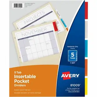 Avery® Insertable 5-Tab Dividers - 5 x Divider(s) - 5 Tab(s) - 5 - 5 Tab(s)/Set - 9.3" Divider Width x 11.13" Divider Length - 3 Hole Punched - Buff Paper Divider - Multicolor Paper Tab(s) - Recycled - 1