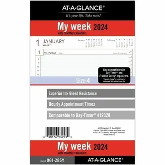 At-A-Glance 2024 Weekly Planner Refill, Loose-Leaf, Desk Size, 5 1/2" x 8 1/2" - Business - Julian Dates - Weekly - 1 Year - January 2024 - December 2024 - 8:00 AM to 5:00 PM - Hourly, Monday - Friday - 1 Week Double Page Layout - 5 1/2" x 8 1/2" Sheet Si