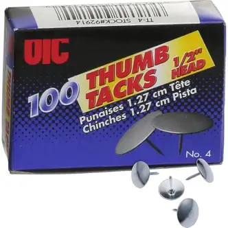 Officemate Steel Thumb Tacks - 0.50" Head - 100 / Box - Silver