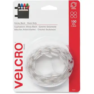 VELCRO® 90204 General Purpose Sticky Back - 0.63" Dia - For Mounting, Multi Surface, Glass, Tile, Plastic, Metal - 100 / Carton - White